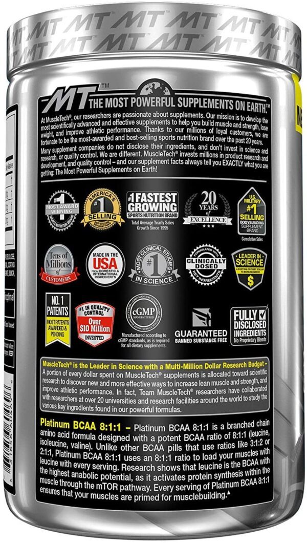 MuscleTech Platinum BCAA 8:1:1, 200 Caplets, 1000mg of Pure BCAAs. - Image 2